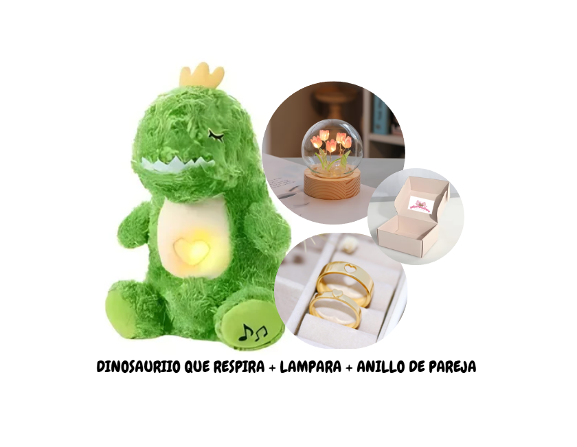 DINOSAURIO QUE RESPIRA + LAMPARA DE TULIPAN + ANILLO DE PAREJA